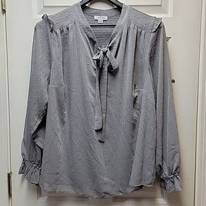 Calvin Klein Plus Size Stripes Dots Tie-Neck Blouse Gray 2X NEW Office Workwear